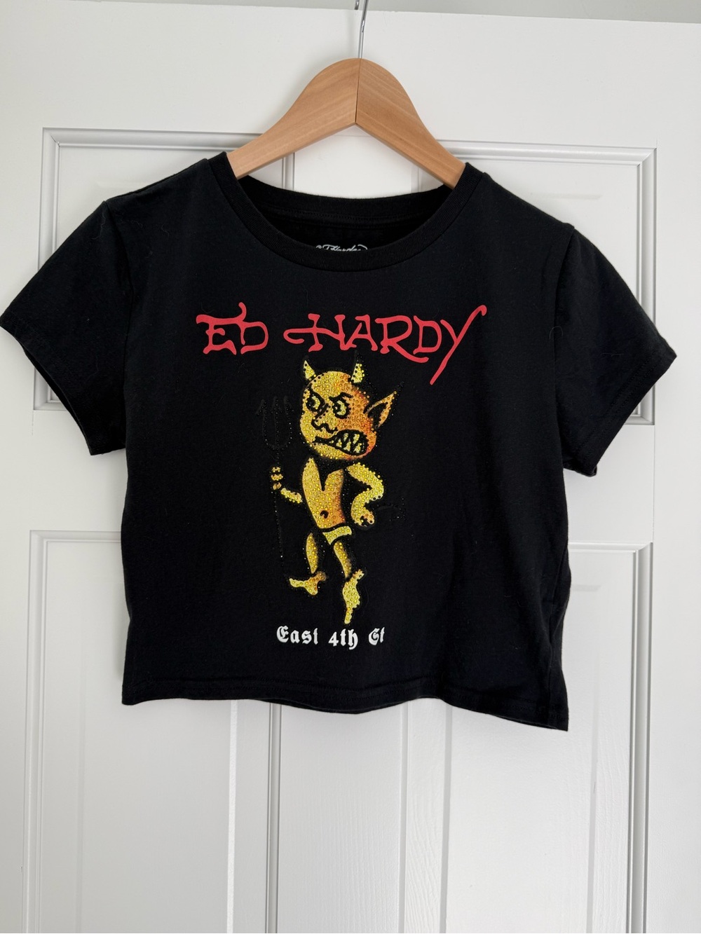 Ed Hardy Rhinestone Baby devil tee cropped top size large Y2K Black